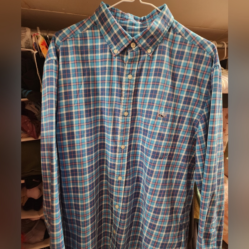 Vineyard Vines Blue and Teal Plaid Button-Down Shirt